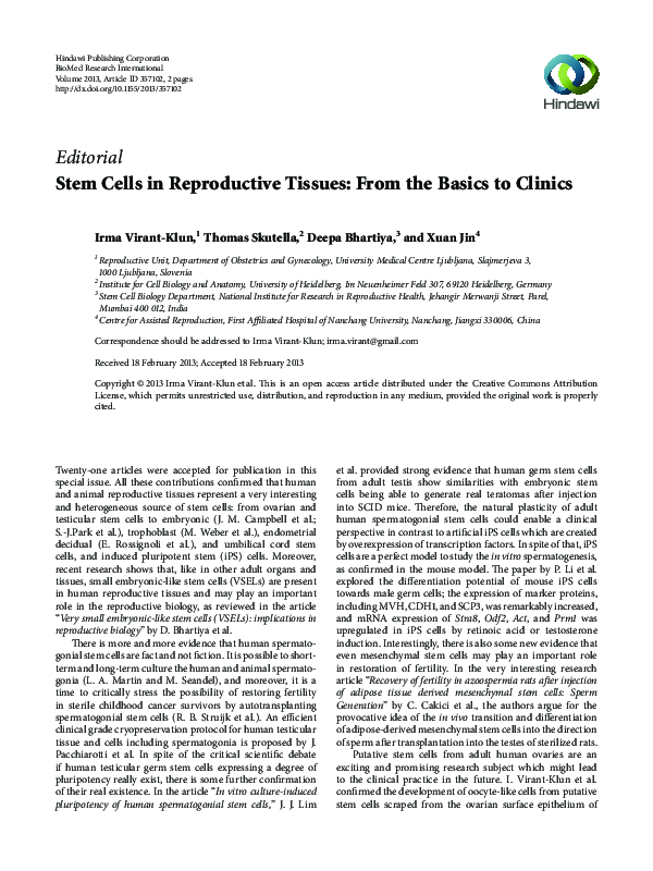 (PDF) Stem Cells in Reproductive Tissues: From the Basics to Clinics