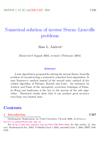 (PDF) Numerical solution of inverse Sturm--Liouville problems