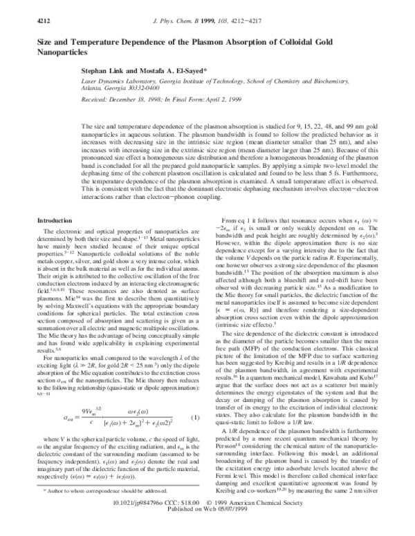 (PDF) Size and Temperature Dependence of the Plasmon Absorption of ...