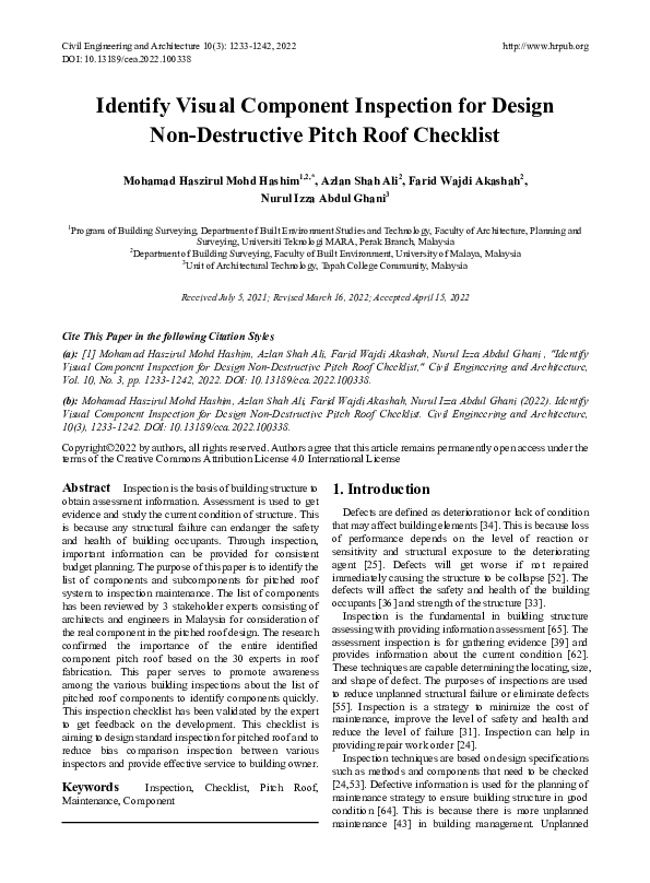 (PDF) Pitched Roof Inspection Checklist Development