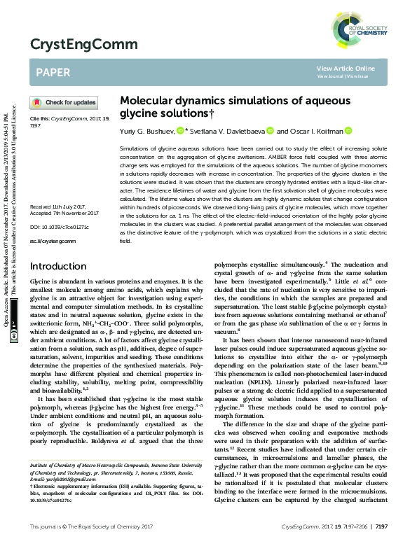 (PDF) Molecular dynamics simulations of aqueous glycine solutions