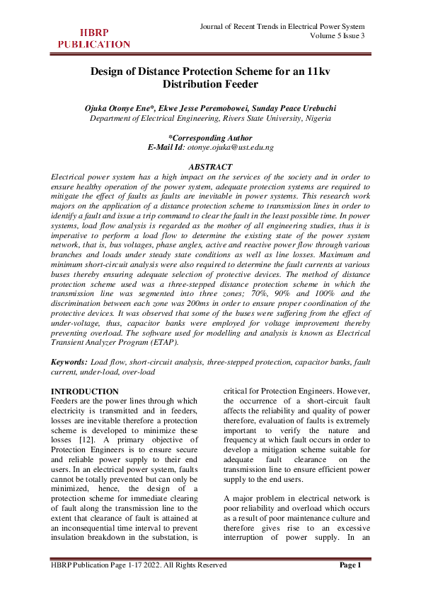 (PDF) Design of Distance Protection Scheme for an 11kv Distribution Feeder