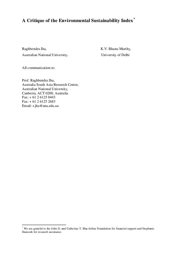 (PDF) A Critique of the Environmental Sustainability Index