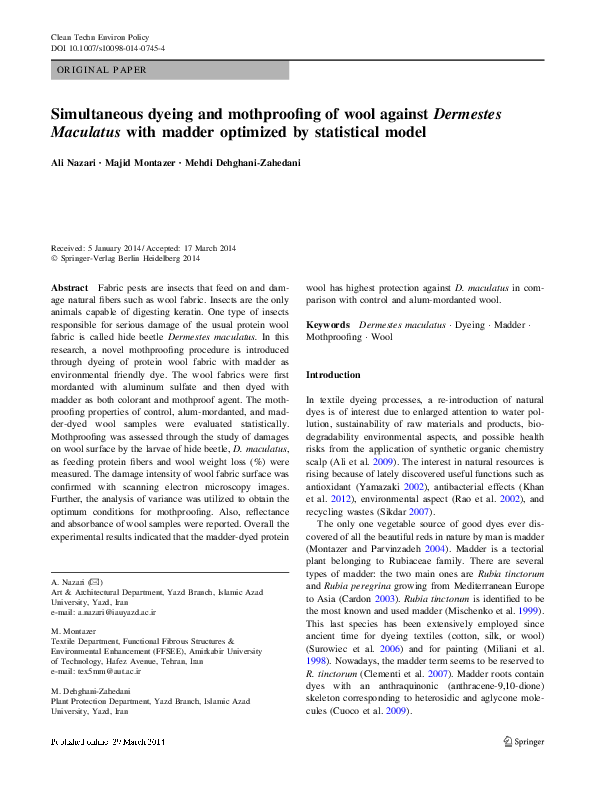 (PDF) Simultaneous dyeing and mothproofing of wool against Dermestes ...