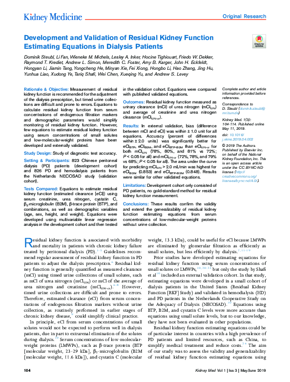 (PDF) Development and Validation of Residual Kidney Function Estimating ...
