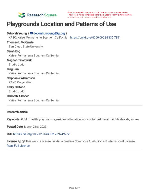 (PDF) Playgrounds Location and Patterns of Use