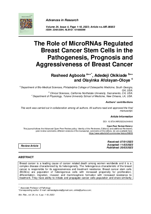 (PDF) The Role of MicroRNAs Regulated Breast Cancer Stem Cells in the ...
