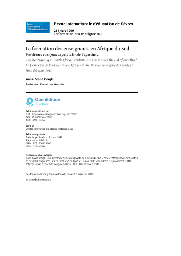 (PDF) La formation des enseignants en Afrique du Sud