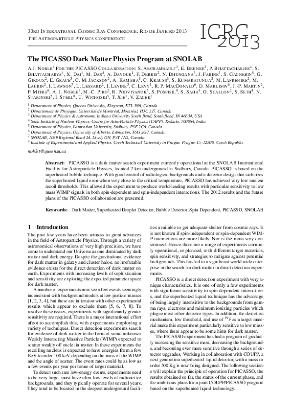 (PDF) The PICASSO Dark Matter Physics Program at SNOLAB