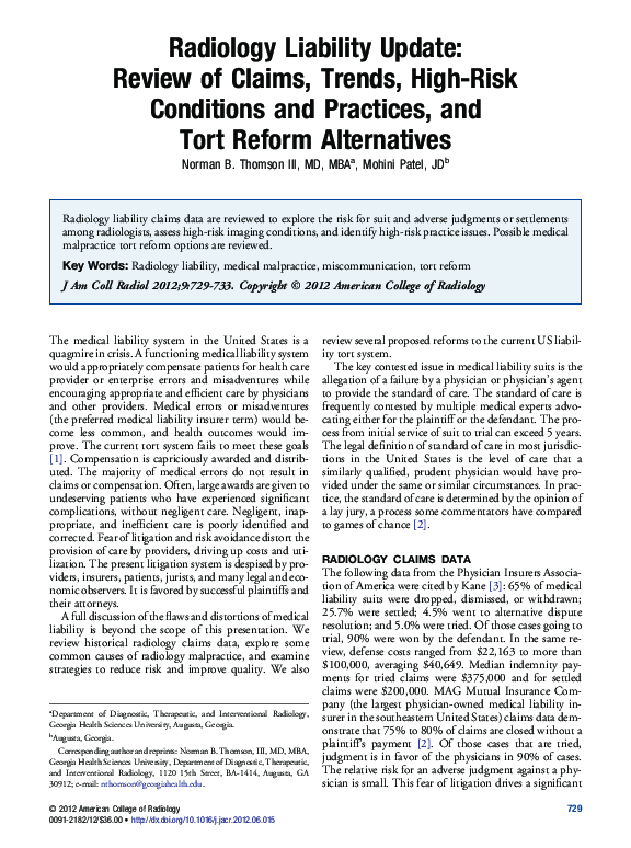 (PDF) Radiology Liability Update: Review of Claims, Trends, High-Risk ...
