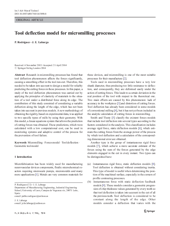 (PDF) Tool deflection model for micromilling processes Pablo N. Cortés Rodríguez Academia.edu