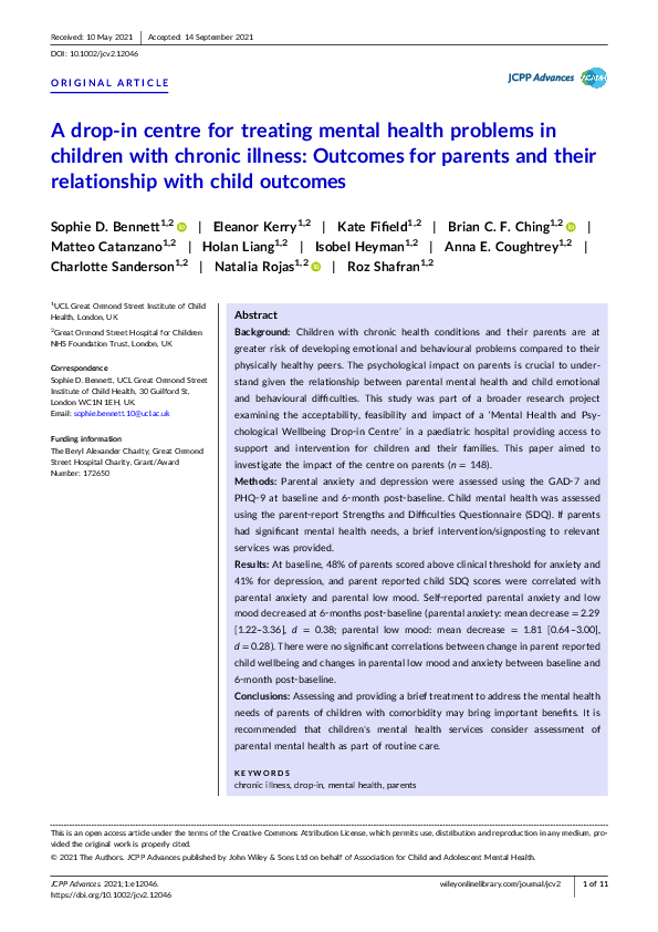 (PDF) A drop‐in centre for treating mental health problems in children ...