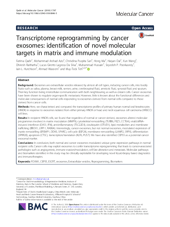 (PDF) Transcriptome reprogramming by cancer exosomes: identification of ...