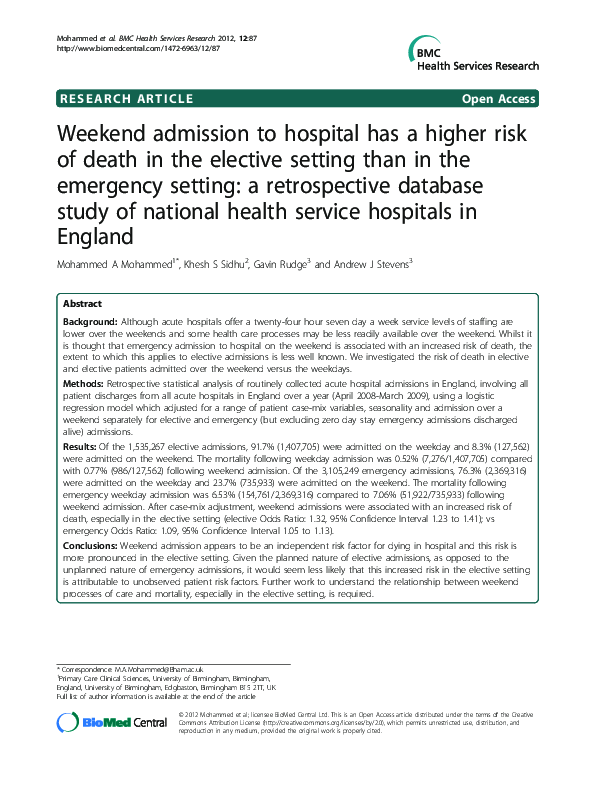 (PDF) Weekend admission to hospital has a higher risk of death in the ...