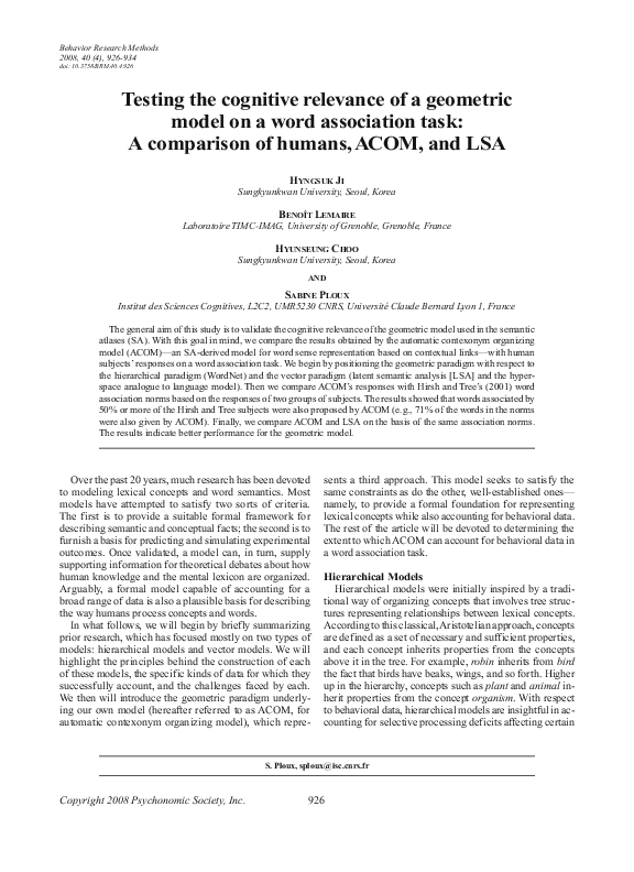 (PDF) Testing the cognitive relevance of a geometric model on a word ...