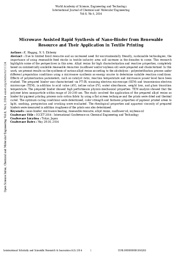 (PDF) Microwave Assisted Rapid Synthesis of Nano-Binder from Renewable ...