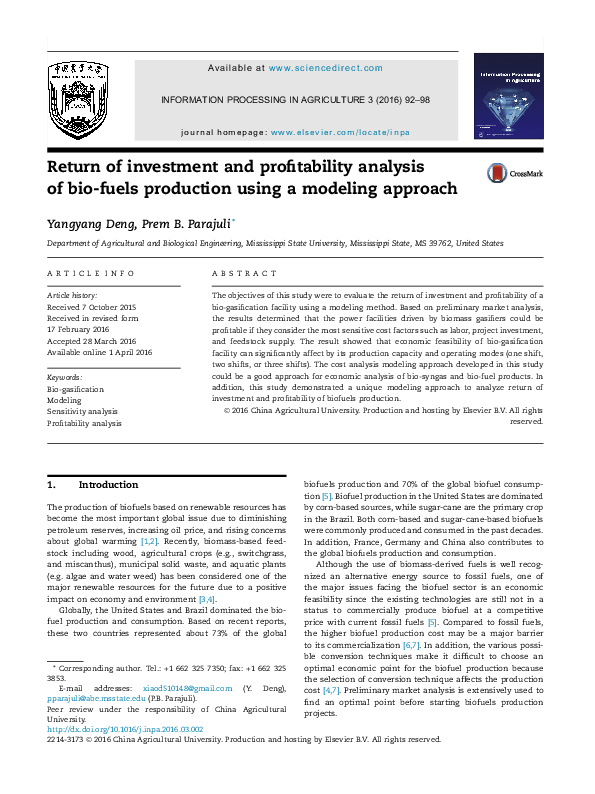 (PDF) Return of investment and profitability analysis of bio-fuels ...