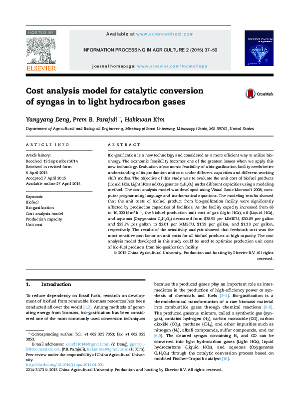 (PDF) Cost Analysis Model for Catalytic Conversion of Syngas in to ...
