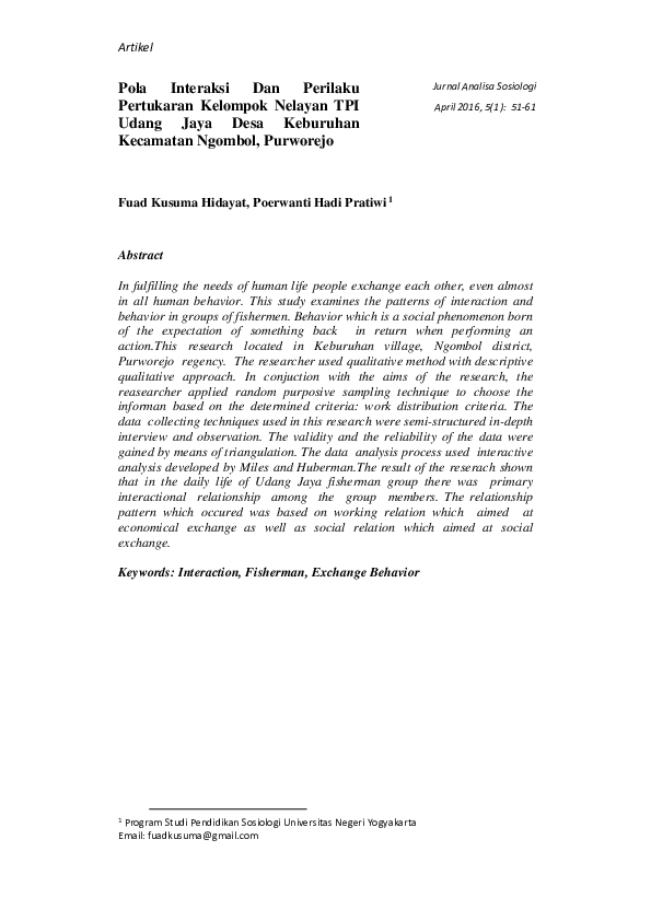 Pola Interaksi Dan Perilaku Pertukaran Kelompok Nelayan Tpi Udang Jaya Desa Keburuhan Kecamatan Ngombol Purworejo