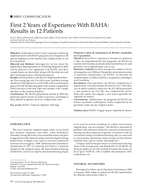 (PDF) First 2 Years of Experience With BAHA: Results in 12 Patients