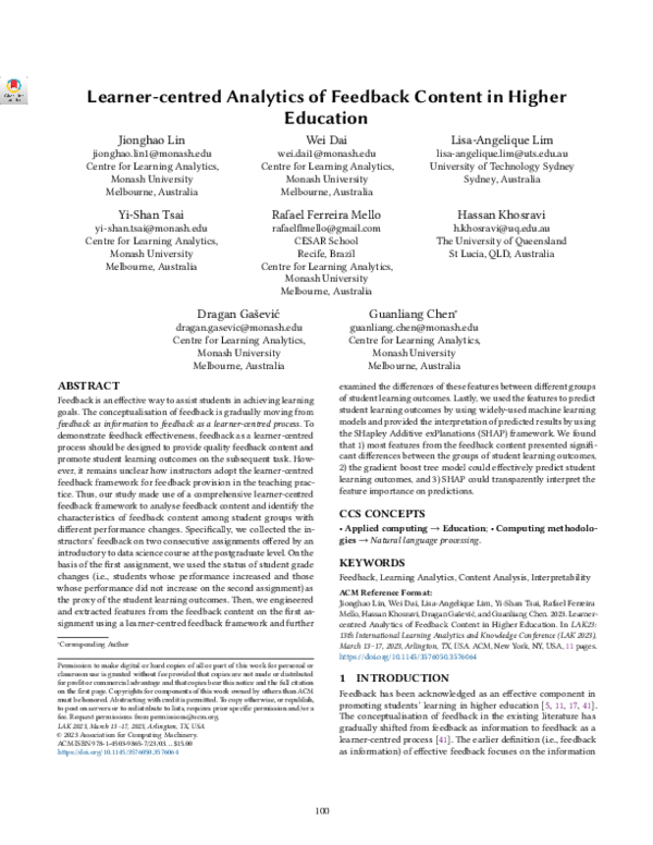 (PDF) Learner-centred Analytics of Feedback Content in Higher Education