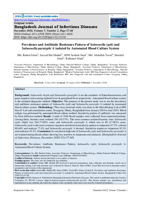 (PDF) Prevalence and Antibiotic Resistance Pattern of Salmonella typhi ...