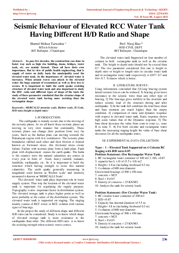 (PDF) Seismic Behaviour of Elevated RCC Water Tank Having Different H/D ...