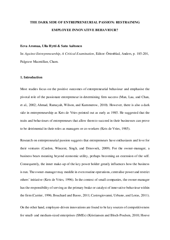 (PDF) The Dark Side of Entrepreneurial Passion: Restraining Employee ...