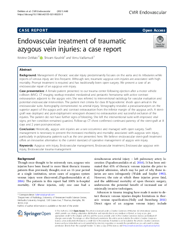 (PDF) Endovascular Treatment of Traumatic Azygous Vein Injuries: A Case ...