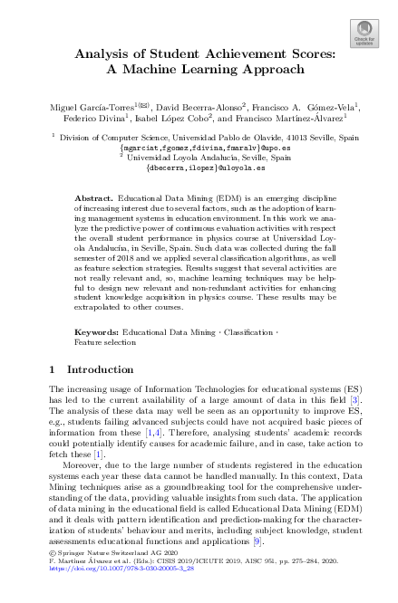 (PDF) Analysis of Student Achievement Scores: A Machine Learning Approach