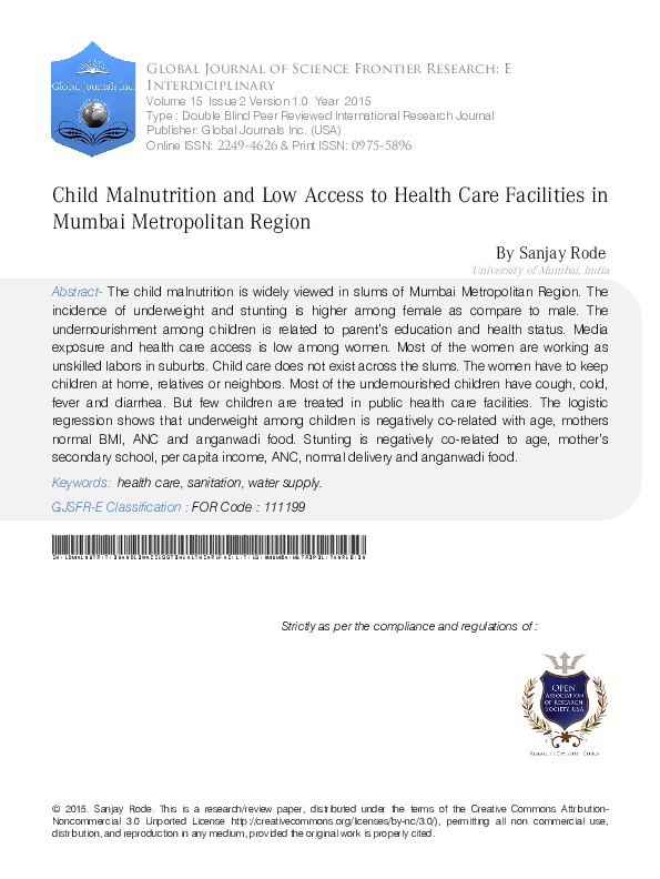 (PDF) Child Malnutrition and Low Access to Health Care Facilities in ...