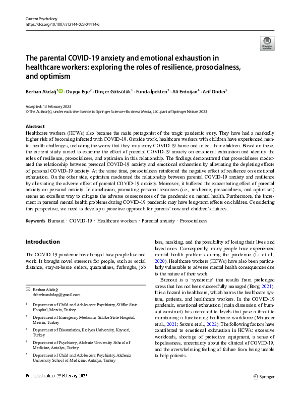 (PDF) The parental COVID-19 anxiety and emotional exhaustion in ...