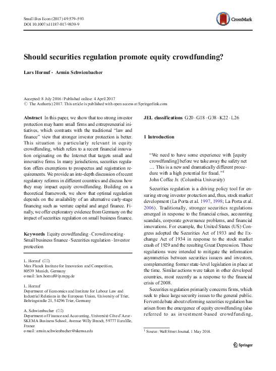 (PDF) Should securities regulation promote equity crowdfunding?