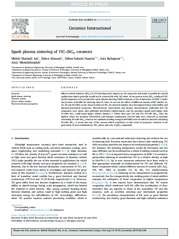 (PDF) Spark plasma sintering of TiC–SiCw ceramics