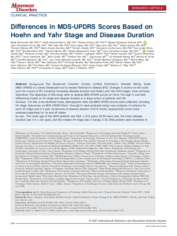 (PDF) Differences in MDS-UPDRS Scores Based on Hoehn and Yahr Stage and ...