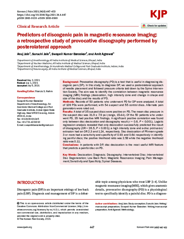(PDF) Predictors of discogenic pain in magnetic resonance imaging: a ...