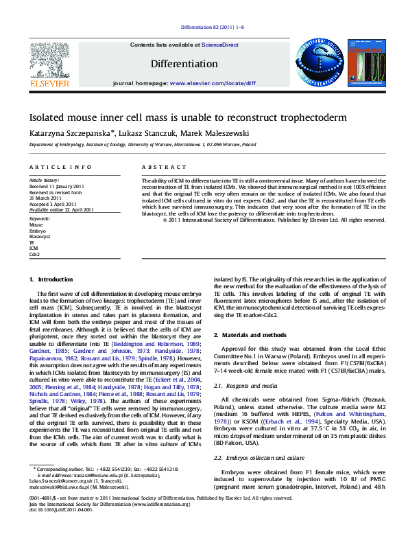 (PDF) Isolated mouse inner cell mass is unable to reconstruct trophectoderm