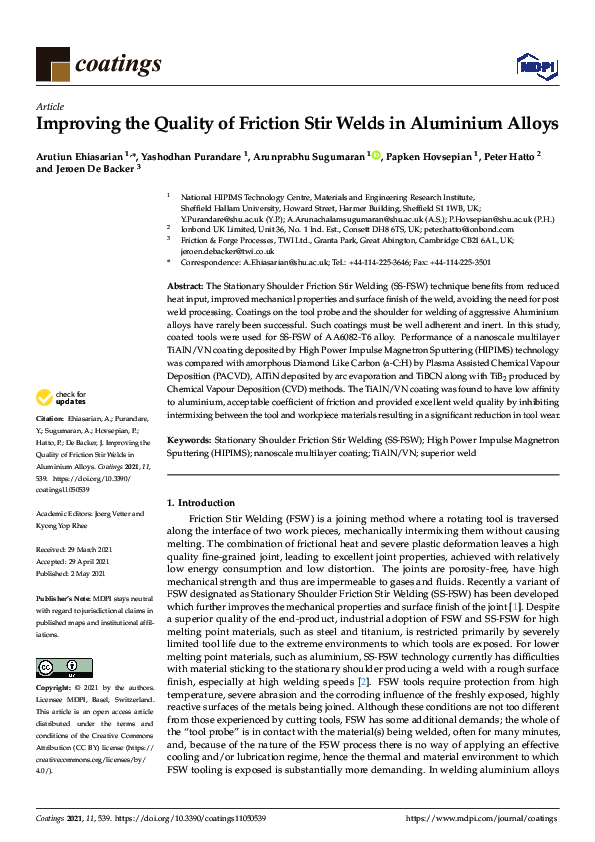 (PDF) Improving the Quality of Friction Stir Welds in Aluminium Alloys
