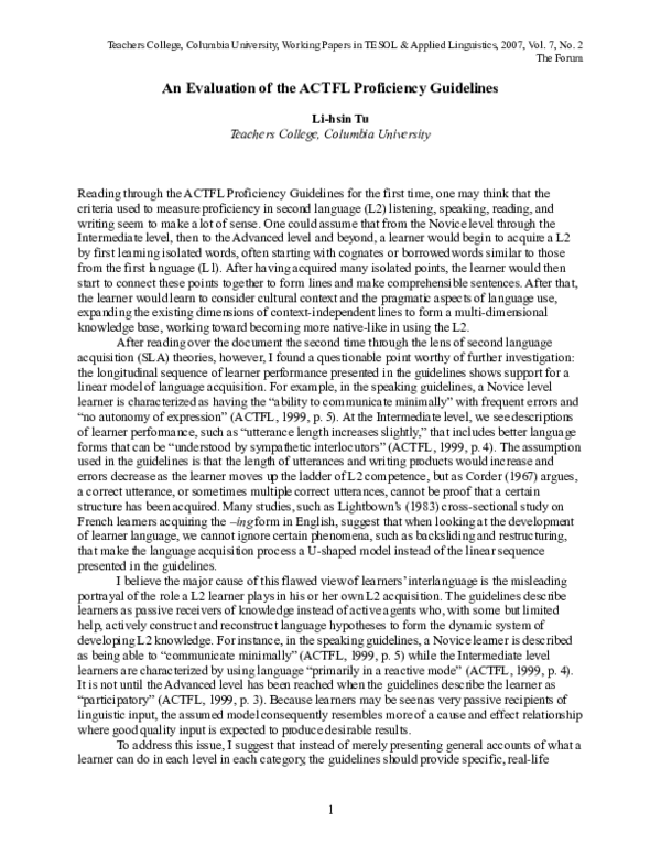 (PDF) An Evaluation of the ACTFL Proficiency Guidelines
