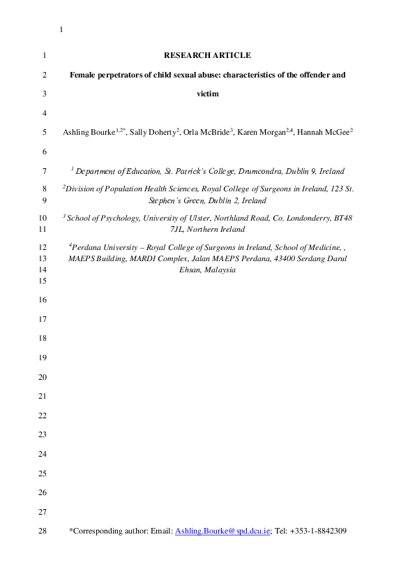 (PDF) Female perpetrators of child sexual abuse: characteristics of the ...