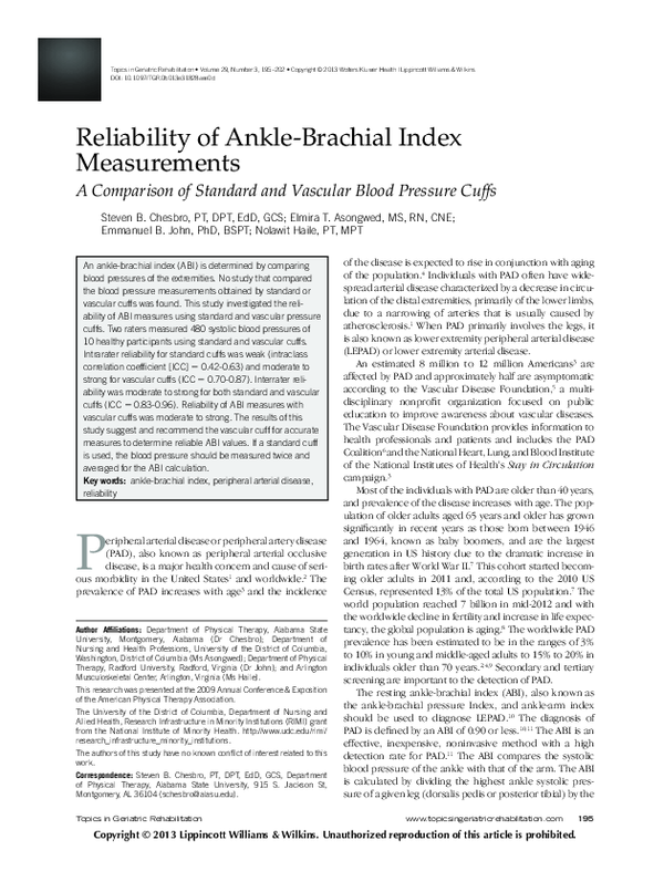 (PDF) Reliability of AnkleBrachial Index Measurements Emmanuel John
