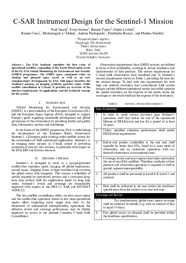 (PDF) C-SAR instrument design for the Sentinel-1 mission