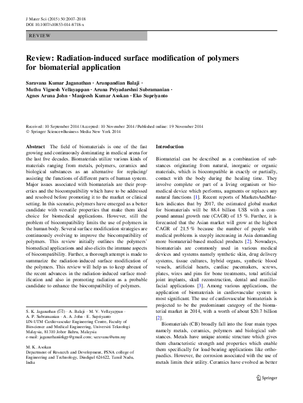 (PDF) Review: Radiation-induced surface modification of polymers for ...
