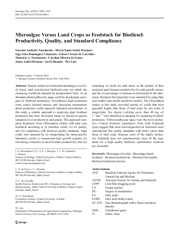 (PDF) Microalgae Versus Land Crops as Feedstock for Biodiesel ...