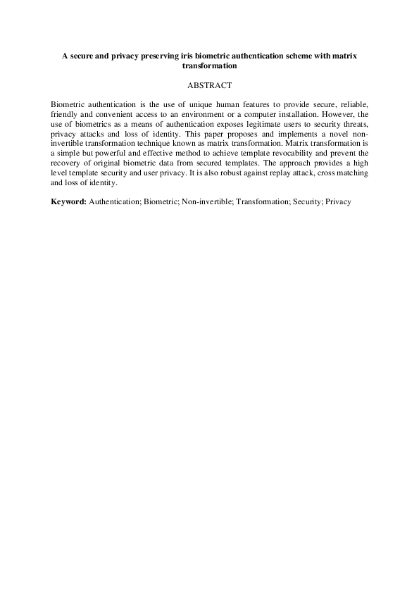 (PDF) A Secure and Privacy Preserving Iris Biometric Authentication ...