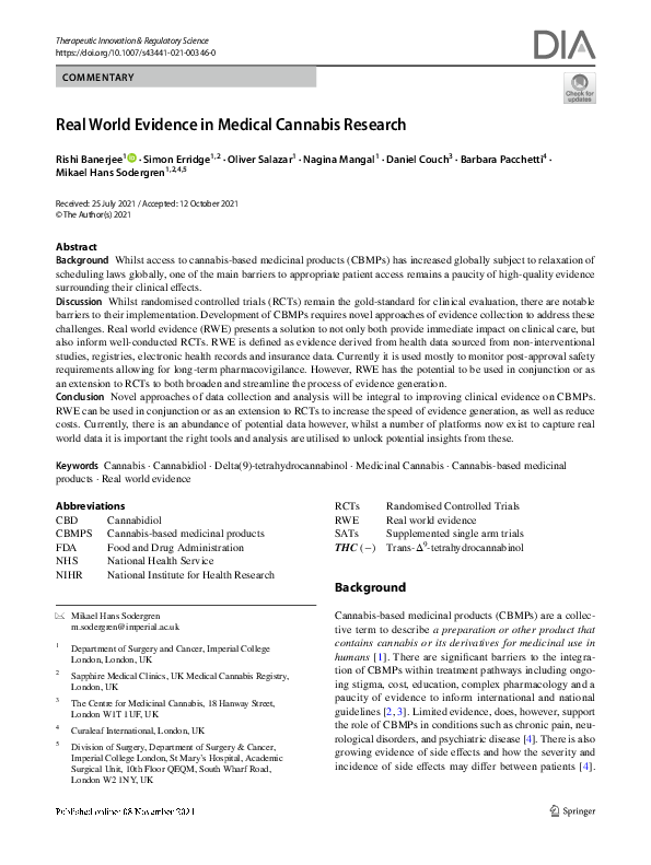(PDF) Real World Evidence in Medical Cannabis Research
