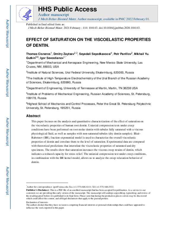 (PDF) Effect of saturation on the viscoelastic properties of dentin