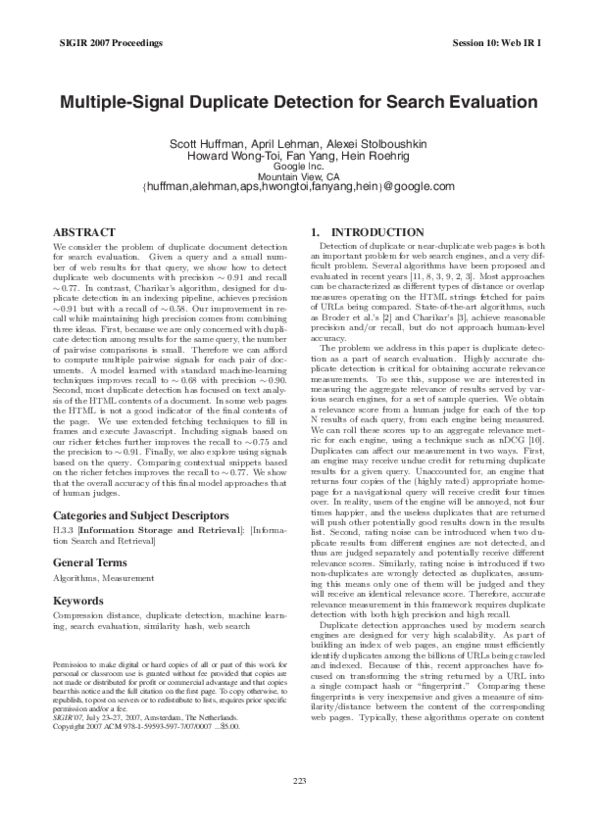 (PDF) Multiple-signal duplicate detection for search evaluation