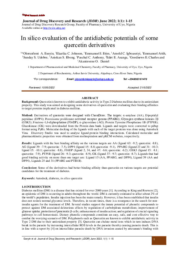 (PDF) IN silico evaluation of antidiabetic activity of quercetin