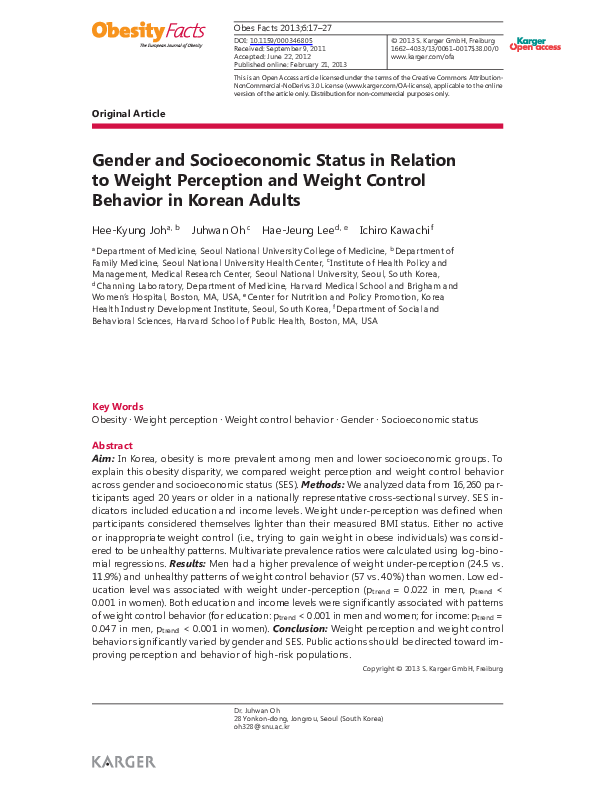 (PDF) Gender and Socioeconomic Status in Relation to Weight Perception ...